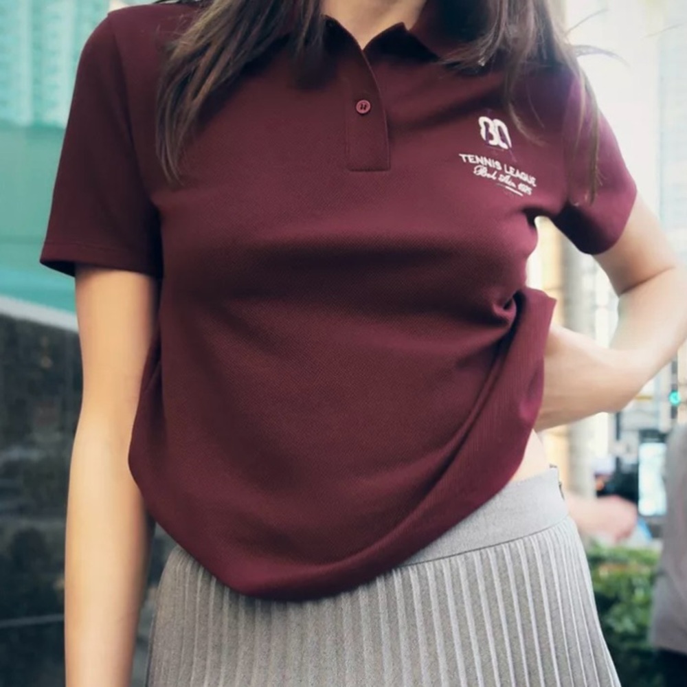 NWT ZARA Bel-Air Tennis League Cotton Polo Burgundy White Embroidery size Large